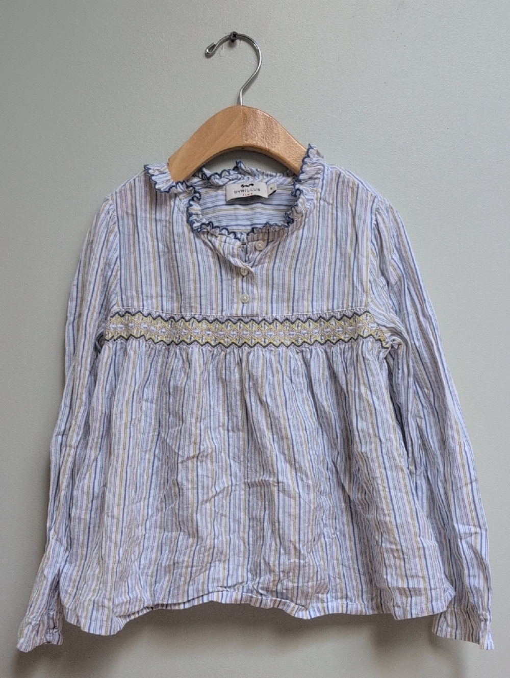 Cyrillus Striped Long-Sleeve Blouse with Embroidered Waist - Girl Size 8Y